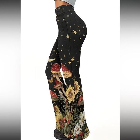 Celestial Black Flare Pants with Mushroom and Floral Art - Picture 3 of 10
